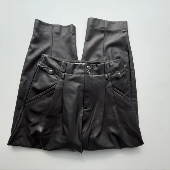 Anthropologie Maeve Faux Leather Black High-Waisted Taper Trousers Size 6 - Picture 7 of 11